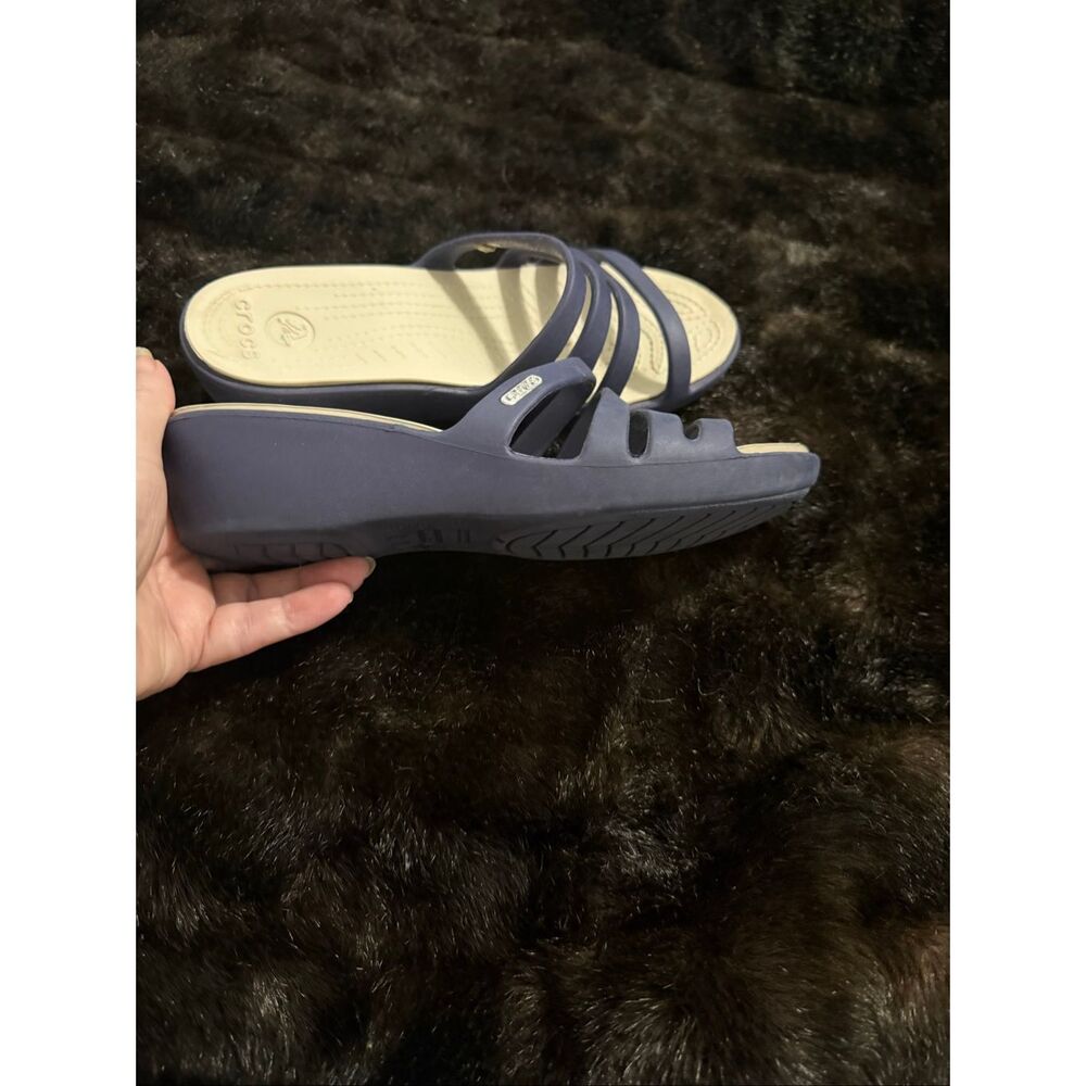Crocs Rhonda Navy Blue Wedge Slide Slip On Strappy Sandals Womens 7